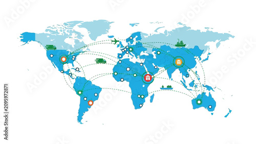 World Map Illustration of Global Logistics and Delivery Network for International Shipping and Transport Services