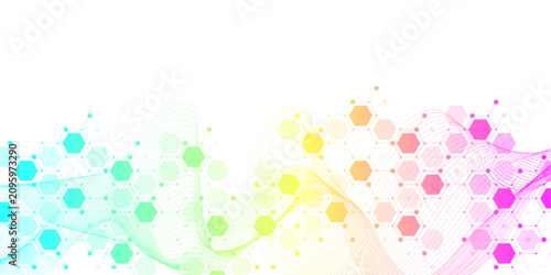 Molecular abstract structure and genetic engineering DNA. Healthcare and medicine background concept. Scientific research background. Wave flow. Innovation pattern. Vector illustration.