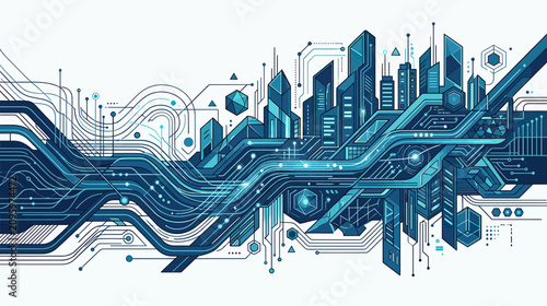Photos Abstract Futuristic Cityscape with Digital Network and Blue Circuits