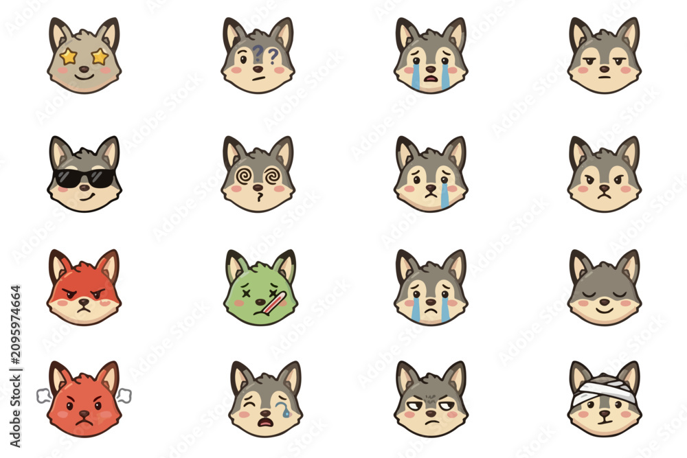 Fototapeta premium Grey Wolf Cartoon Set Icon Emoji 2
