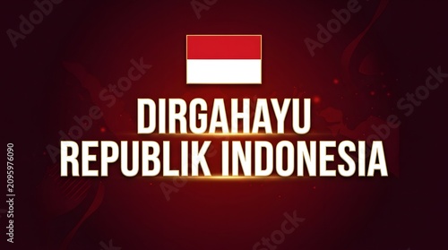Dark red abstract background with glowing central light rays, golden text, and a rectangular Indonesian flag symbol for digital banner.