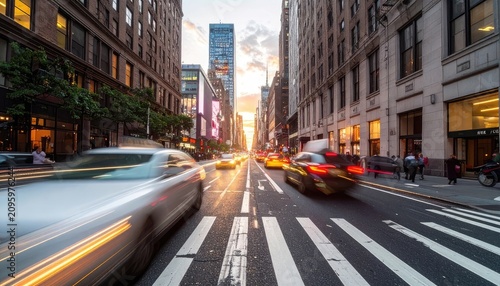New York City Street Scene at Dusk with Blurred Traffic and Tall Buildings.