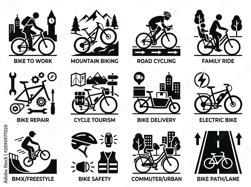 Obraz premium Bicycle Icons: Commuting, Sport, Leisure, and Repair - Vector Set