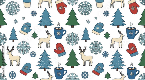 Foto Seamless winter pattern with reindeer, pine trees, snowflakes, mittens and hot d