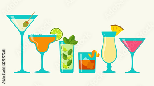 Canvas Print Colorful flat vector illustration of various tropical cocktails and drinks