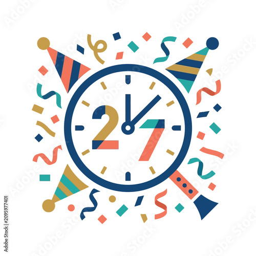 Fotografie Colorful vector illustration of a clock showing twenty four seven with party con