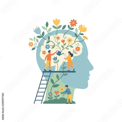 Фотография Flat illustration of people nurturing growing flowers inside a human head silhou