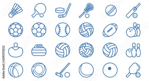 Foto Assorted sports equipment icons in a clean line art style on a white background