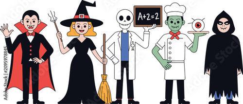 Foto A diverse group of Halloween characters like Dracula, a witch, skeleton, zombie