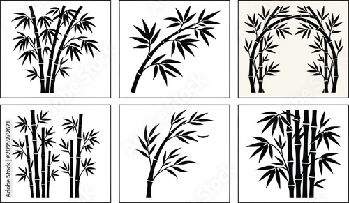 Foto Bamboo stalks silhouette collection black and white botanical illustrations on w