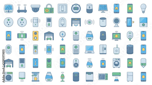 Smart home icons collection displays a comprehensive set of automated household devices and connected technology systems designed for modern residential management and energy efficiency.
