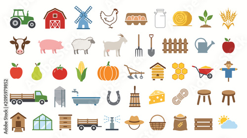 Farm elements display a comprehensive collection of agricultural tools, livestock, produce, and rural infrastructure for modern farming.