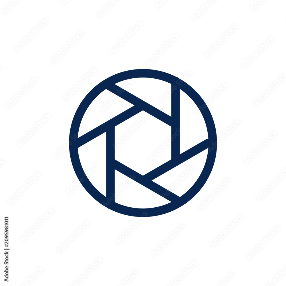 Obraz premium Navy blue camera shutter icon with minimalist geometric lines