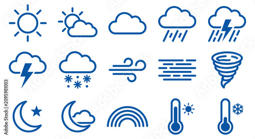 Slika na platnu Collection of blue weather icons on white background representing meteorological