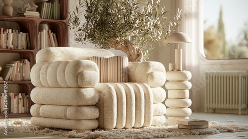 Fluffy modular armchair in cozy interior with indoor tree.