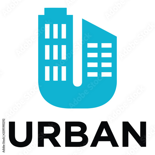 Принти на полотні Urban cityscape logo with blue buildings and black text on white background icon