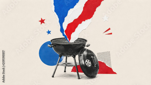Usa summer barbecue collage with grill, patriotic red white and blue paper shapes, stars and festive holiday cookout theme