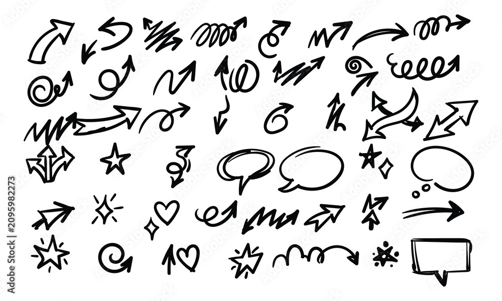 Obraz premium Hand drawn doodle arrows, hearts, stars, and speech bubbles, sketch design elements collection