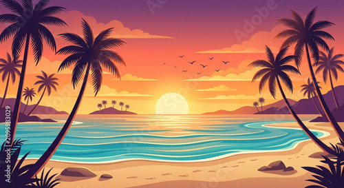 Tropical beach, sunset, palm trees, vector illustration, summer vacation, landscape