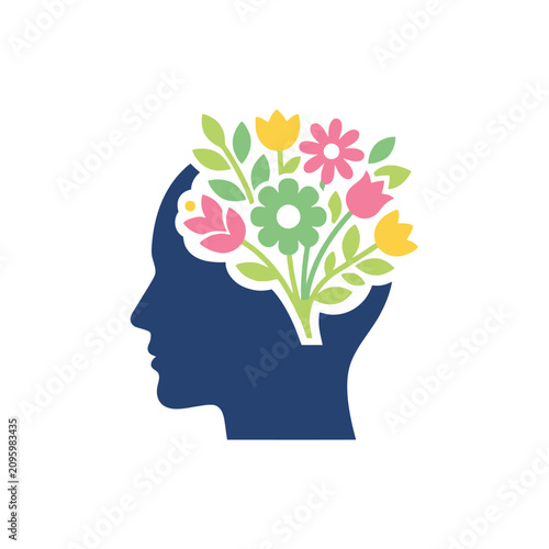 Фотография Mental health concept with flowers growing out of a human head silhouette