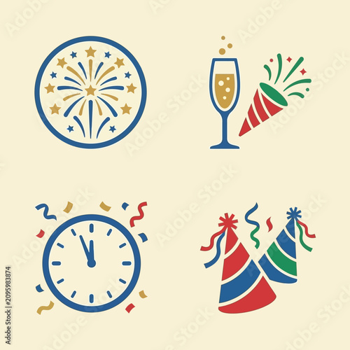 Canvas Print Vibrant vector icons depicting New Year Eve party festivities