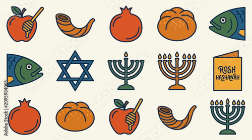 Photos A collection of colorful icons representing traditional Jewish holiday symbols a