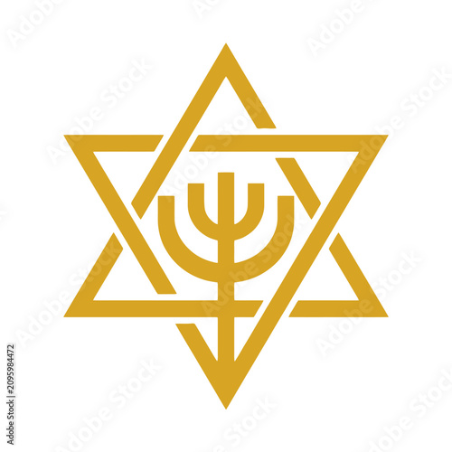 Schilderij op canvas Golden Star of David icon with a menorah symbol inside on a white background