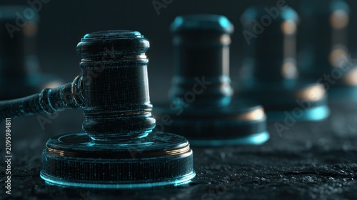 Glowing digital gavel on dark textured legal surface.
