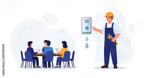Plumber fixing water heater leak near office meeting, modern vector illustration concept