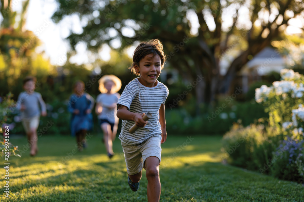 Obraz premium A group of children running freely in a lush garden, capturing the essence of childhood joy, playfulness, and the beauty of outdoor adventures in nature’s vibrant space.