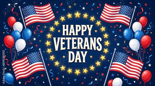 Festive veterans day banner with american flags and patriotic decorations