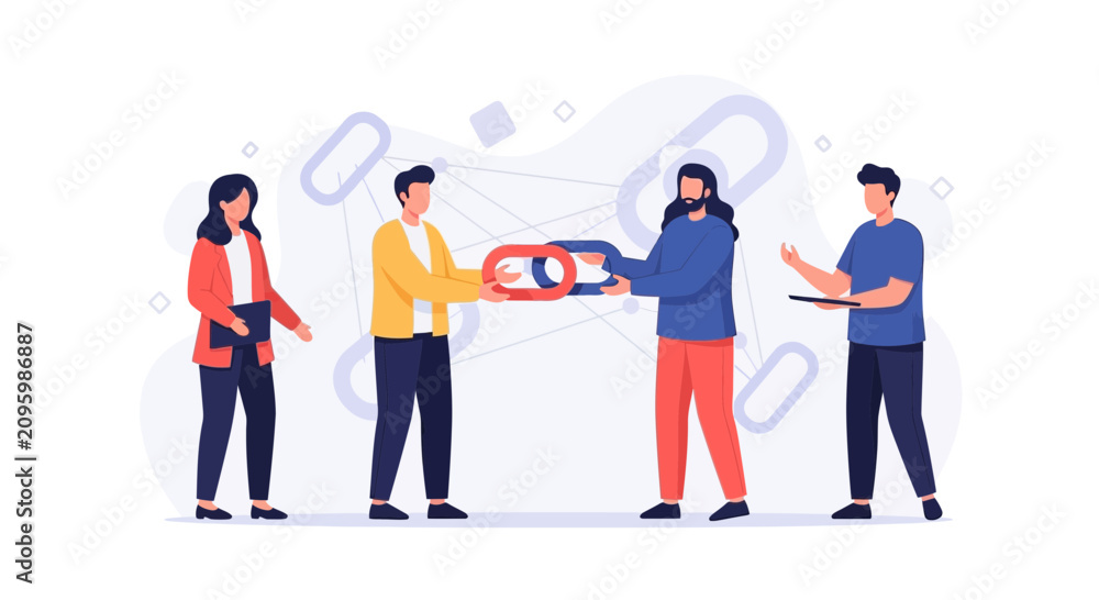 Obraz premium Teamwork and Connection: People collaborating with a chain link symbol representing unity and partnership in business.