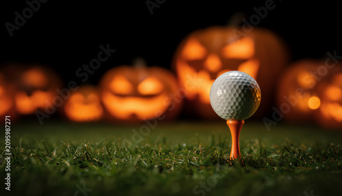 Halloween golf scene blending sport and holiday spirit, with copy space for text. spooky, dark field