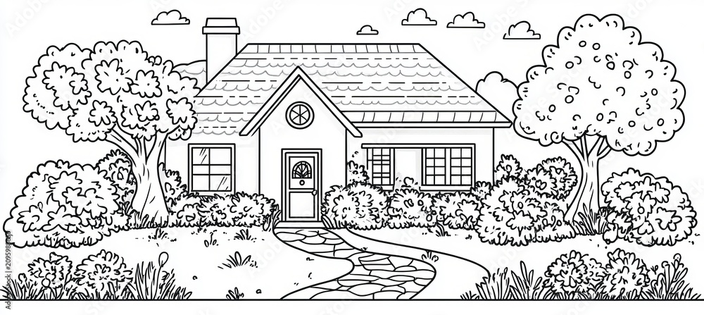 Obraz premium Minimalist black outline drawing of a suburban cottage with trees and plants in cartoon style.