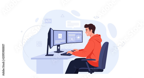 Young man programmer coding on dual monitors, modern flat illustration style, representing technology and software development