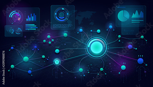 Digital network technology background, with glowing nodes, data flow lines, and circuit patterns