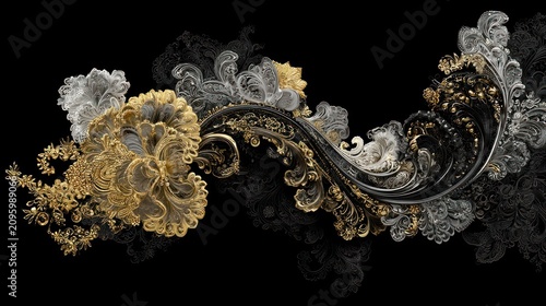 Ornate gold and silver filigree swirls on black.