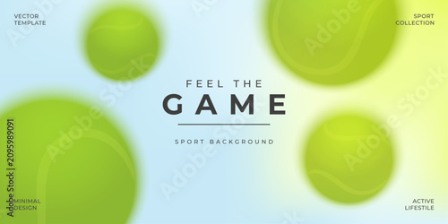 Minimal tennis background with green  blurred tennis balls, soft blue gradient and copy space. Ideal for sports branding, banners, web design, social media, posters and marketing.