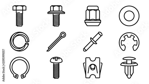 Fasteners and Hardware Line Icon Set