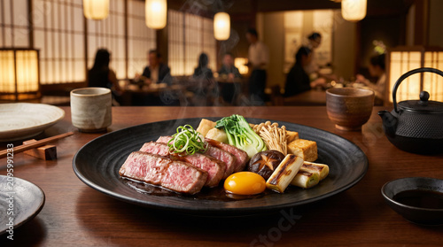 Premium Japanese Wagyu Sukiyaki with Egg Yolk on Black Plate
