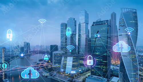 Futuristic cityscape with glowing network data flow, and skyscrapers