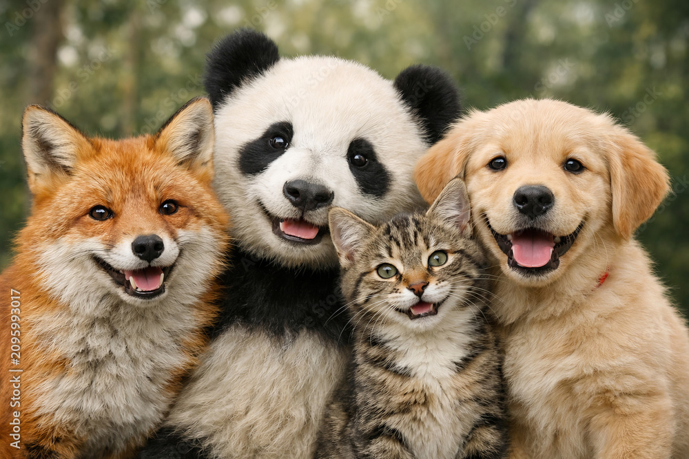Obraz premium Group of animals smiling together. Portrait of a fox, panda, cat, and puppy. Friends in nature. Concept of friendship and kindness in the animal