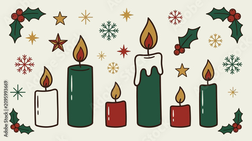 Foto Hand-drawn Christmas candles burning brightly amidst festive winter decorations
