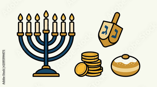 Fotografía Illustrated Hanukkah menorah with dreidel coins and sufganiyah