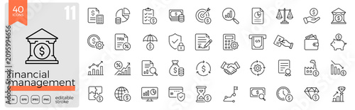 Financial management linear icon set. Investment, wealth management, accounting, banking, financial planning, cash flow, budget, business finance icon collection. Editable stroke. Vector illustration