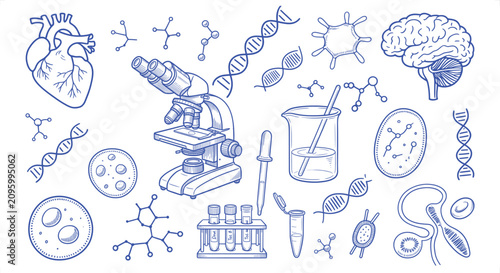 Foto Science and medical research elements including DNA microscope brain and heart i