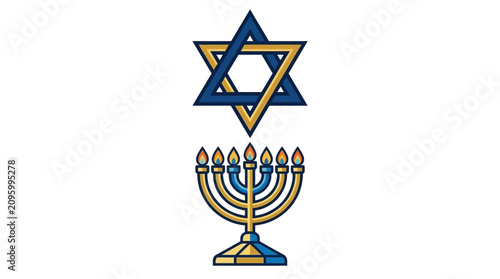 Photos A golden menorah sits beneath a blue Star of David symbol