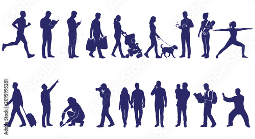 Obraz na płótnie Silhouette figures engaged in diverse activities during daylight against a white