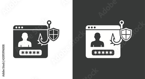Phishing attack login screen vector icon: Clipart, sticker - icon set - Line and glyph solid icon and logo template 