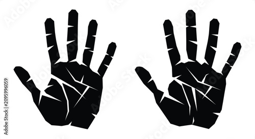 Foto Two black handprints with geometric cracks against a white background symbolizin